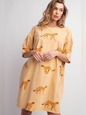 Easel MINERAL WASHED CHEETAH PRINT T-SHIRT DRESS